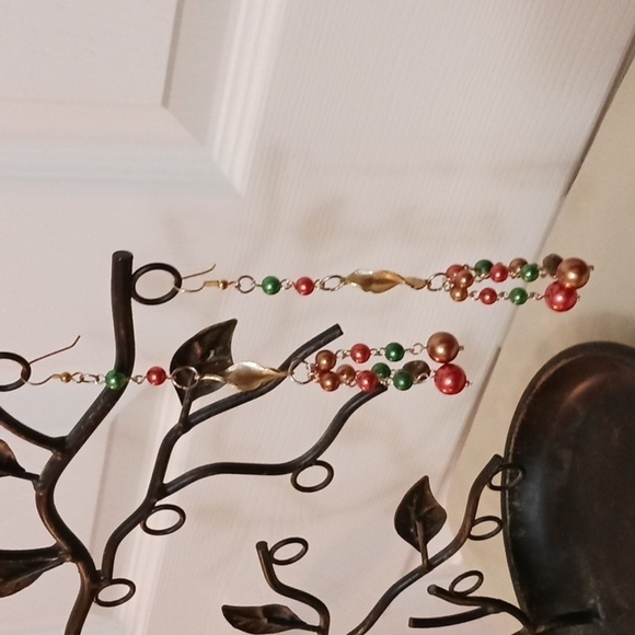 Artist handmade long dangly beads gold green copper pierced earrings 5" - Picture 5 of 7